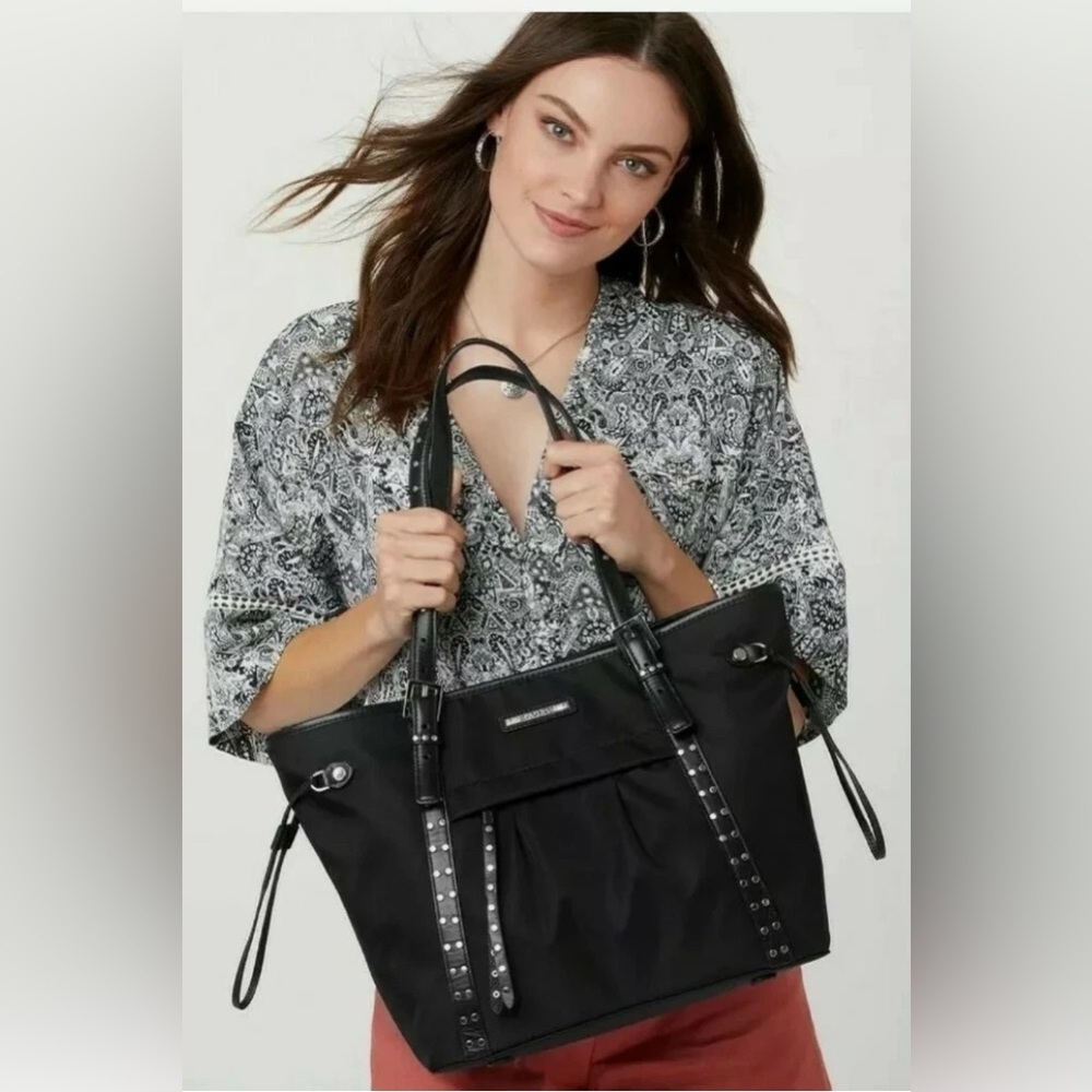Brighton SYDNEY Black Nylon Leather Studded Tote Shoulder Bag MSRP $449